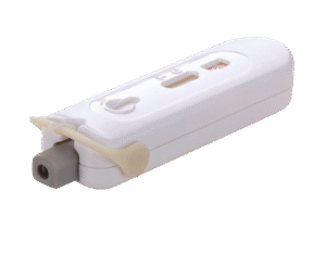 جهاز اختبار سريع لفيروس نقص المناعة البشرية بلون أبيض مع زر ومؤشر.