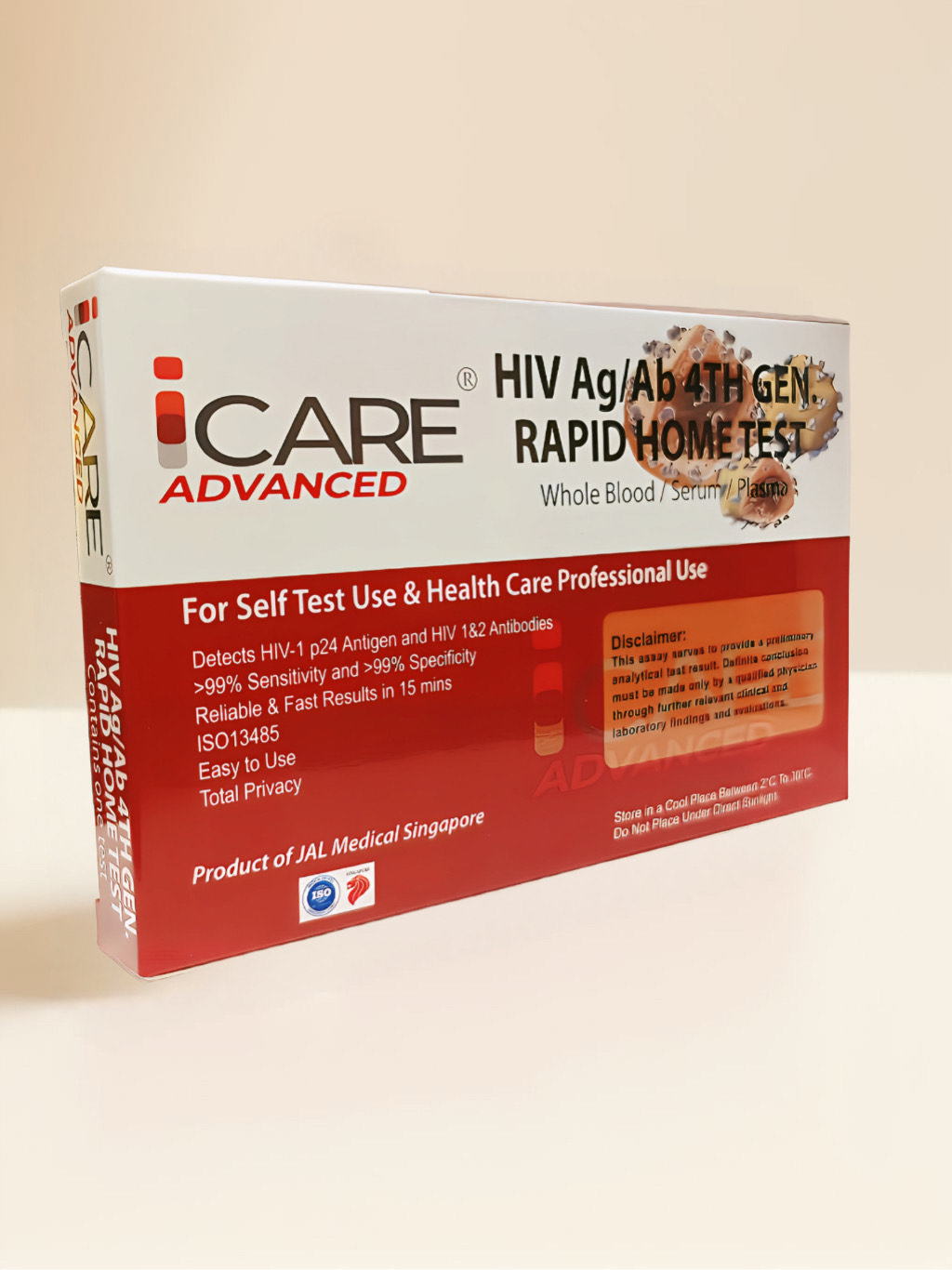 عبوة اختبار HIV Ag/Ab 4th Gen السريع المنزلي من iCARE مع معلومات المنتج.